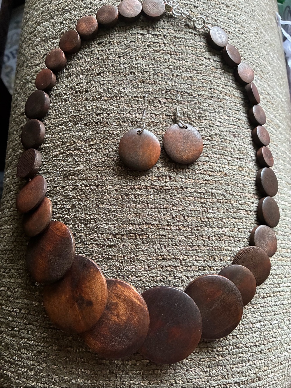 Handcrafted Brown Wooden Disc Necklace and Earring Set